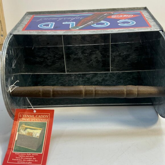 Coca Cola Cold Refreshment Metal Utensil Caddy Tin Holder 2002 Blue Red - Picture 3 of 4